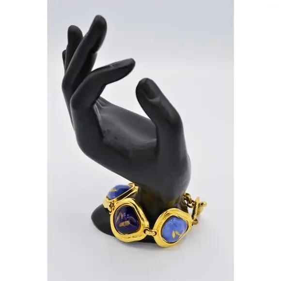 Edouard Rambaud Vintage Cabochon Bracelet Gold Blue Painted Gripoix Chunky BinY
